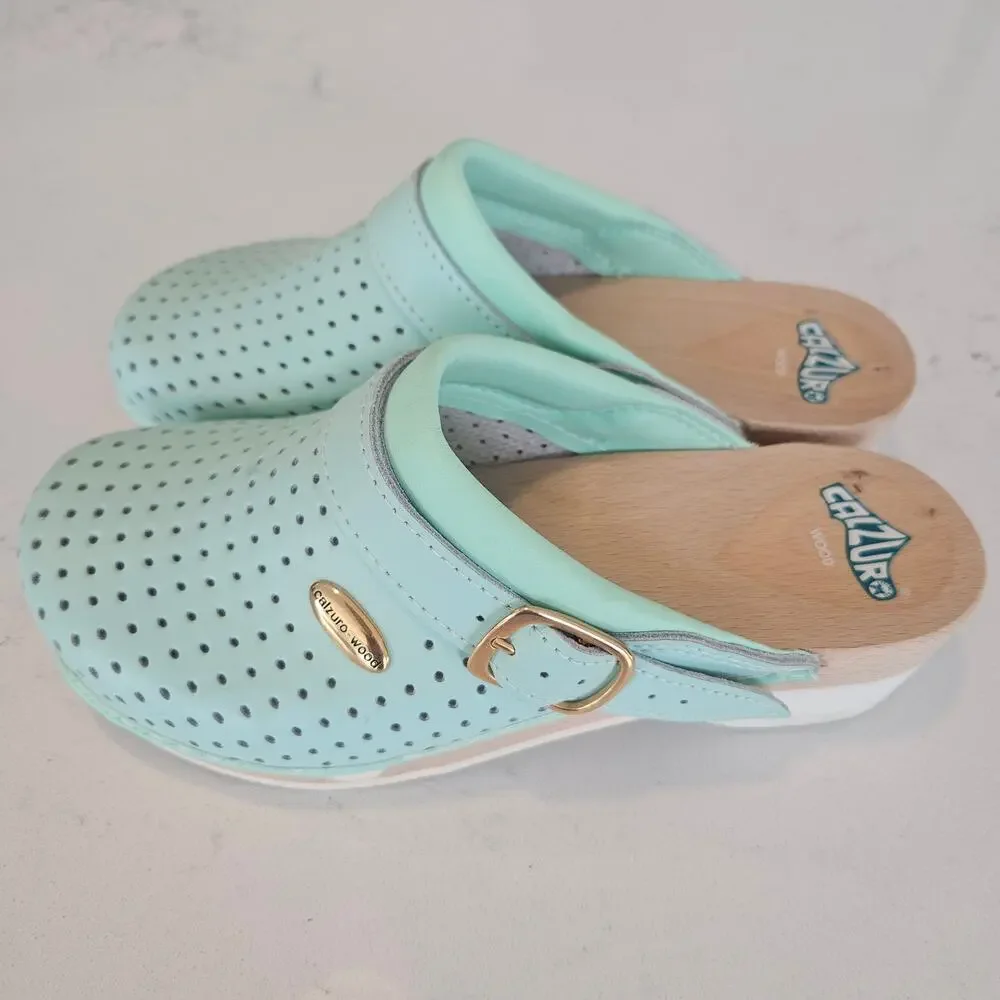 Calzuro Wood Clogs Light Aqua Green Perforated Leather Size 36 US 6.5-7